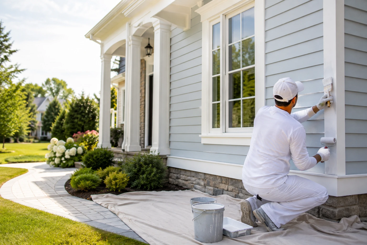 Professional painter applying a fresh finish to pale blue-gray house siding and white trim