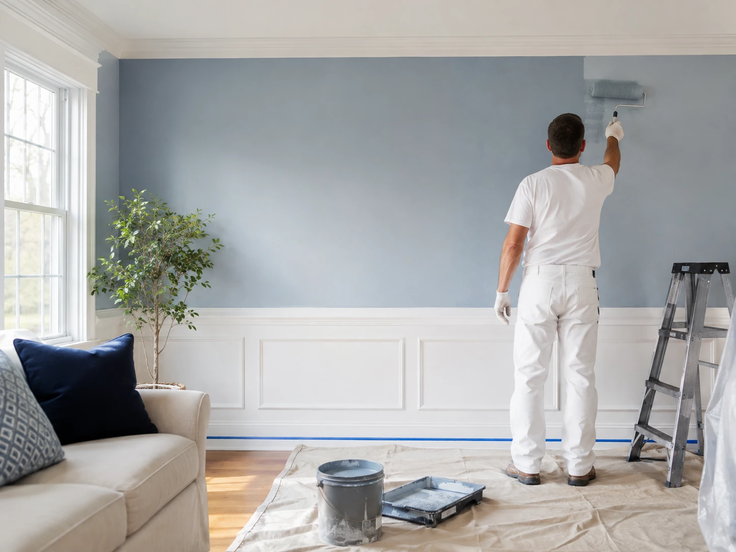Professional painter applying a soft blue-gray finish to a bright living room wall